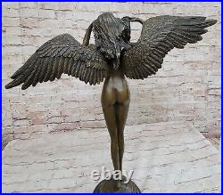 Signed A Bronze Statue Winged Women's Skin Colors Angel Descending Night