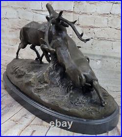 Signed Bronze Deers Statue Hunter Stags Elks Sculpture Hand Made Statue