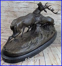 Signed Bronze Deers Statue Hunter Stags Elks Sculpture Hand Made Statue
