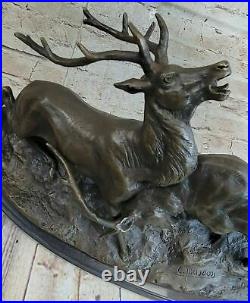 Signed Bronze Deers Statue Hunter Stags Elks Sculpture Hand Made Statue Figurine