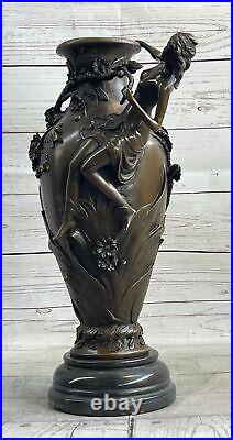 Signed Moreau Nude Girl Floral Vase Bronze Figurine Hot Cast Hand Made Figurine