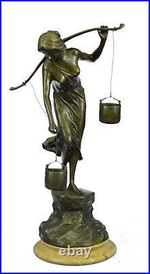 Signed european Made Fair Maiden Bronze Sculpture Art Deco Marble Base Figurine
