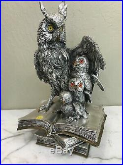 Silver Plated Bronze Statue Owls on Books, Made in Italy
