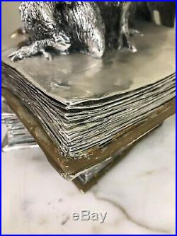 Silver Plated Bronze Statue Owls on Books, Made in Italy
