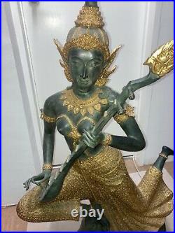 Thai Beautiful Princess Statue musical mandolin player made of bronze in green