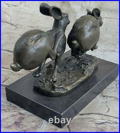 Two European Hare Eastern Jackrabbit Bronze Marble Base Sculpture Statue Decor