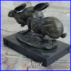 Two European Hare Eastern Jackrabbit Bronze Marble Base Sculpture Statue Decor