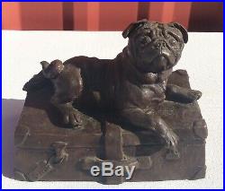VTG 1968 HEREDITIES BRONZE STATUE PUG ON SUITCASE Made in England by J. L. Spouse