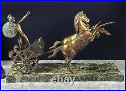 VTG Achilles Chariot Bronze Statue with2 Horses Green, Marble Base Made in Greece