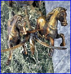 VTG Achilles Chariot Bronze Statue with2 Horses Green, Marble Base Made in Greece