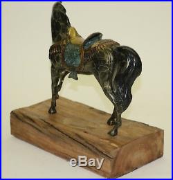 Vintage Bronze Real Metal Saddle Horse Statue Wood Base European Made Decor Nr