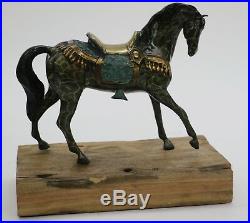 Vintage Bronze Real Metal Saddle Horse Statue Wood Base European Made Decor Nr