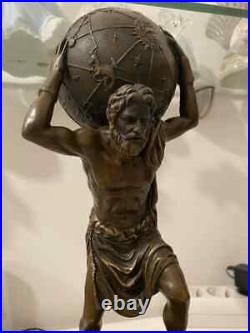 Vintage Bronze Statue Atlas Marble Titanium Antique Figure Globe Mythology