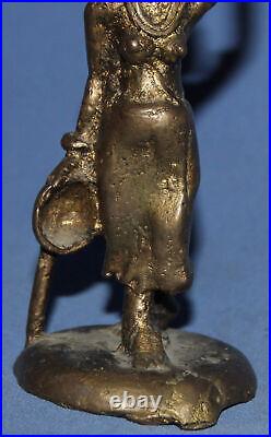 Vintage Hand Made Bronze Statuette African Woman Carrying Vessel On The Head
