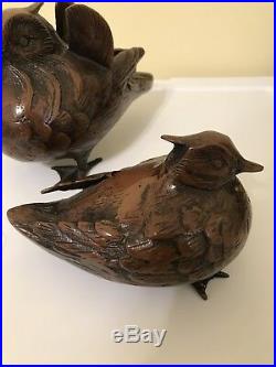Vintage Pair Of Bronze Cast Iron Mandarin Duck Quail Bird Figurine Made In Japan