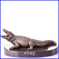 Vintage Signed Crocodile Statue Made on Bronze Mounted on a Black Marble Base