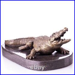 Vintage Signed Crocodile Statue Made on Bronze Mounted on a Black Marble Base