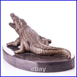 Vintage Signed Crocodile Statue Made on Bronze Mounted on a Black Marble Base