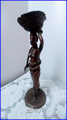 Vtg Hand Made Bronze Statuette African Woman Carrying Basket Hoe & Water Bottle