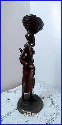 Vtg Hand Made Bronze Statuette African Woman Carrying Basket Hoe & Water Bottle